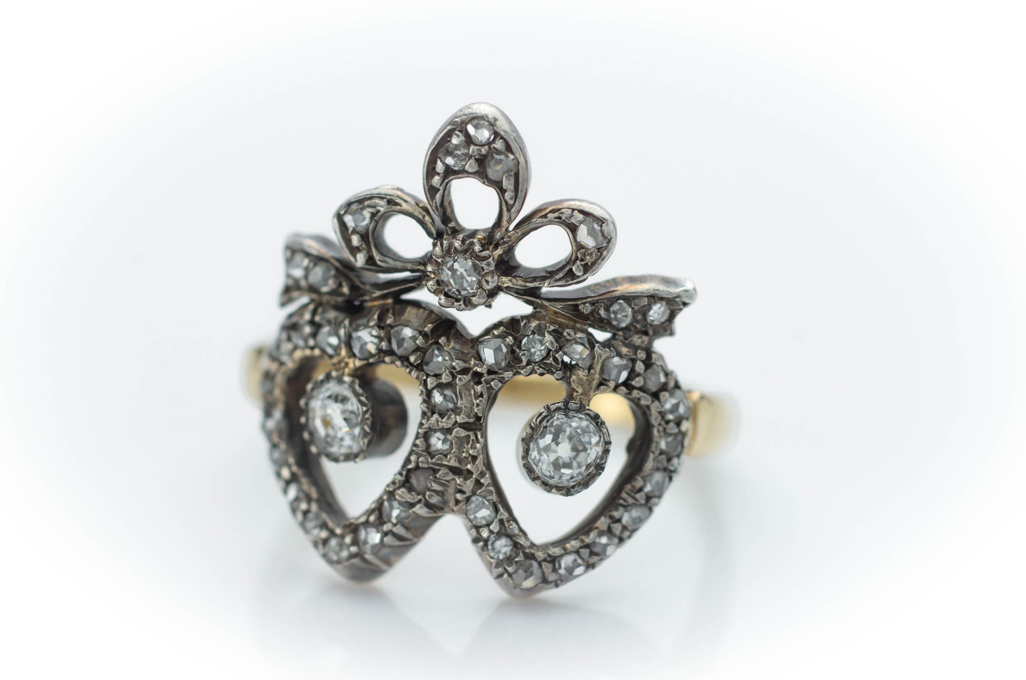 VICTORIAN ROSE AND MINE CUT DIAMOND TWIN HEARTS RING - SinCityFinds Jewelry