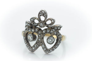 VICTORIAN ROSE AND MINE CUT DIAMOND TWIN HEARTS RING - SinCityFinds Jewelry