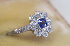 1.33CTW ANTIQUE NATURAL CEYLON SAPPHIRE AND OLD EUROPEAN CUT HALO RING - SinCityFinds Jewelry