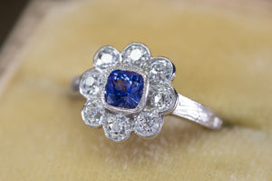 1.33CTW ANTIQUE NATURAL CEYLON SAPPHIRE AND OLD EUROPEAN CUT HALO RING - SinCityFinds Jewelry