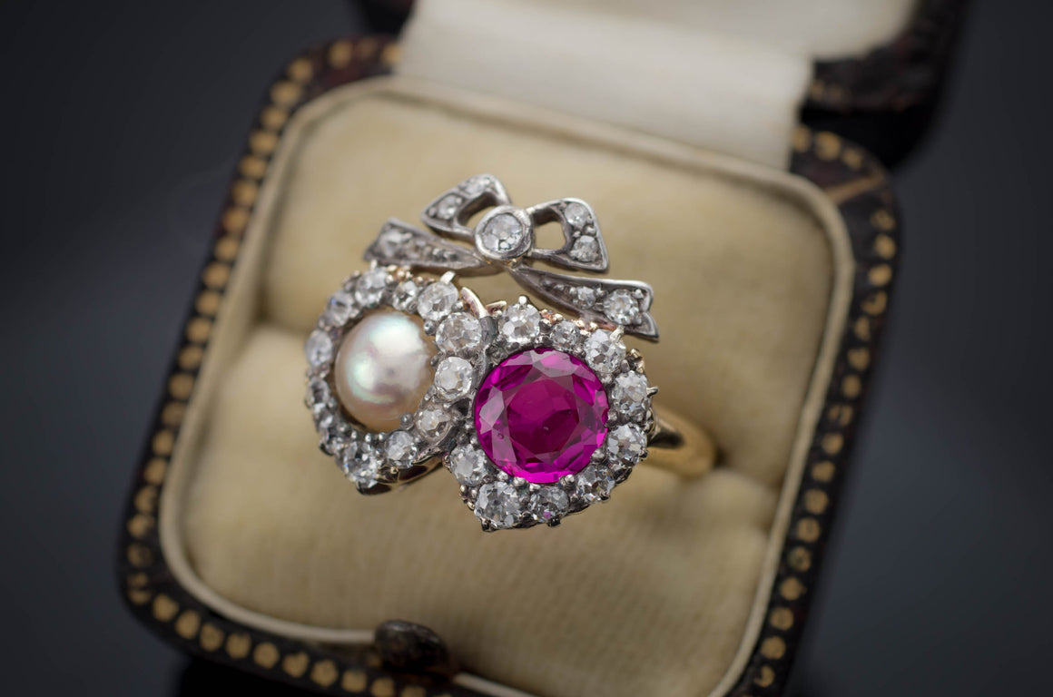 VICTORIAN TWIN HEARTS BURMA RUBY PEARL AND DIAMOND RING - SinCityFinds Jewelry