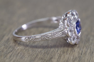 1.33CTW ANTIQUE NATURAL CEYLON SAPPHIRE AND OLD EUROPEAN CUT HALO RING - SinCityFinds Jewelry