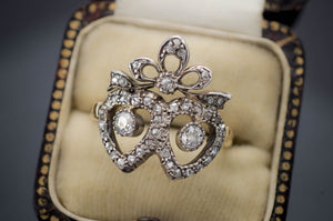 VICTORIAN ROSE AND MINE CUT DIAMOND TWIN HEARTS RING - SinCityFinds Jewelry