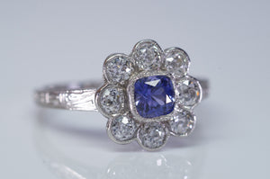 1.33CTW ANTIQUE NATURAL CEYLON SAPPHIRE AND OLD EUROPEAN CUT HALO RING - SinCityFinds Jewelry