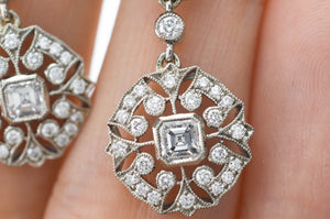 DECO INSPIRED ASSCHER AND ROUND CUT LONG DIAMOND EARRINGS - SinCityFinds Jewelry