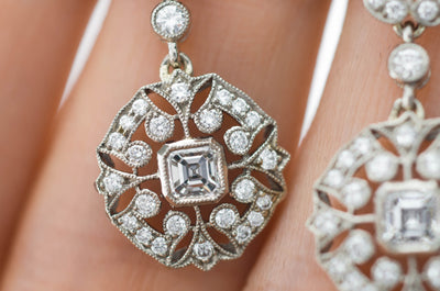 DECO INSPIRED ASSCHER AND ROUND CUT LONG DIAMOND EARRINGS - SinCityFinds Jewelry