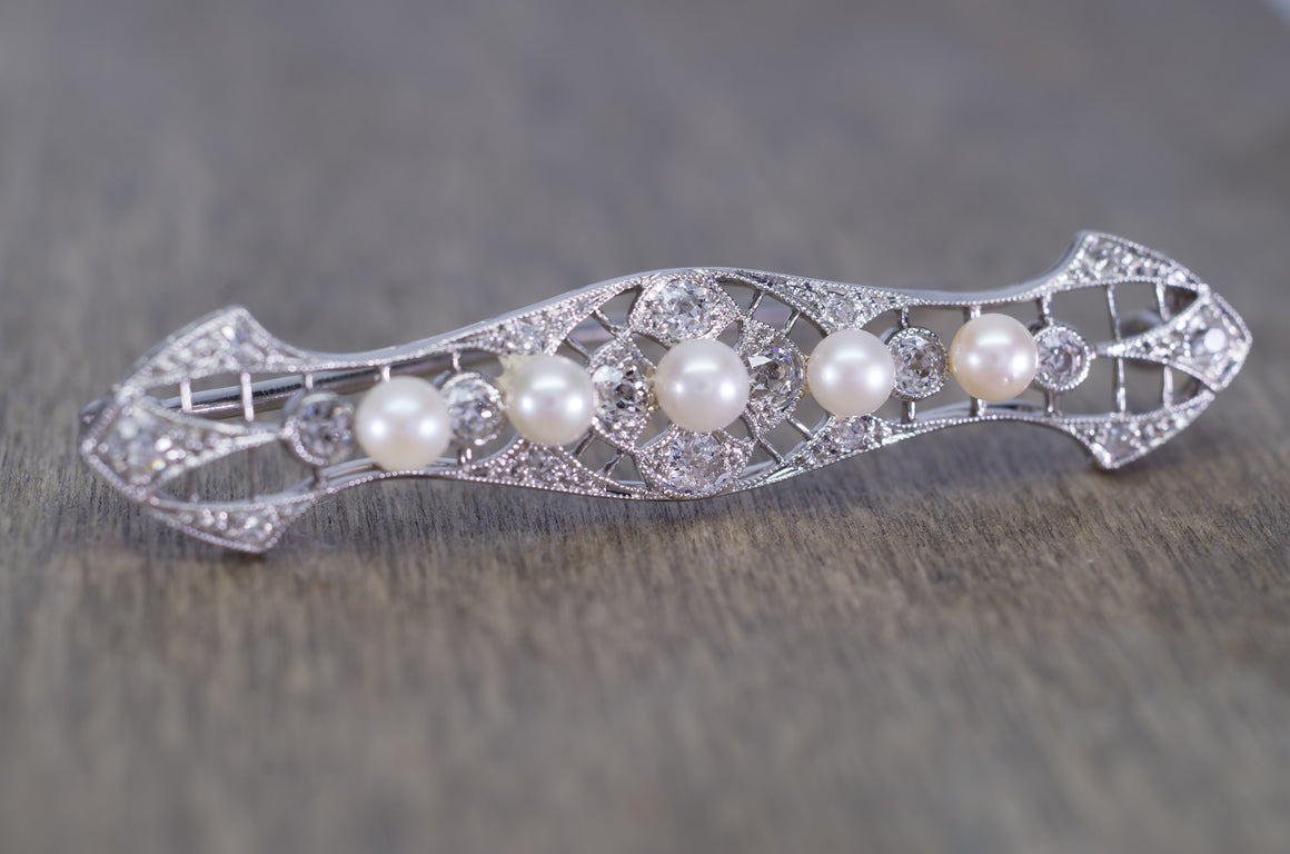 EDWARDIAN PLATINUM DIAMOND AND PEARL BROOCH - SinCityFinds Jewelry