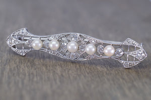 EDWARDIAN PLATINUM DIAMOND AND PEARL BROOCH - SinCityFinds Jewelry