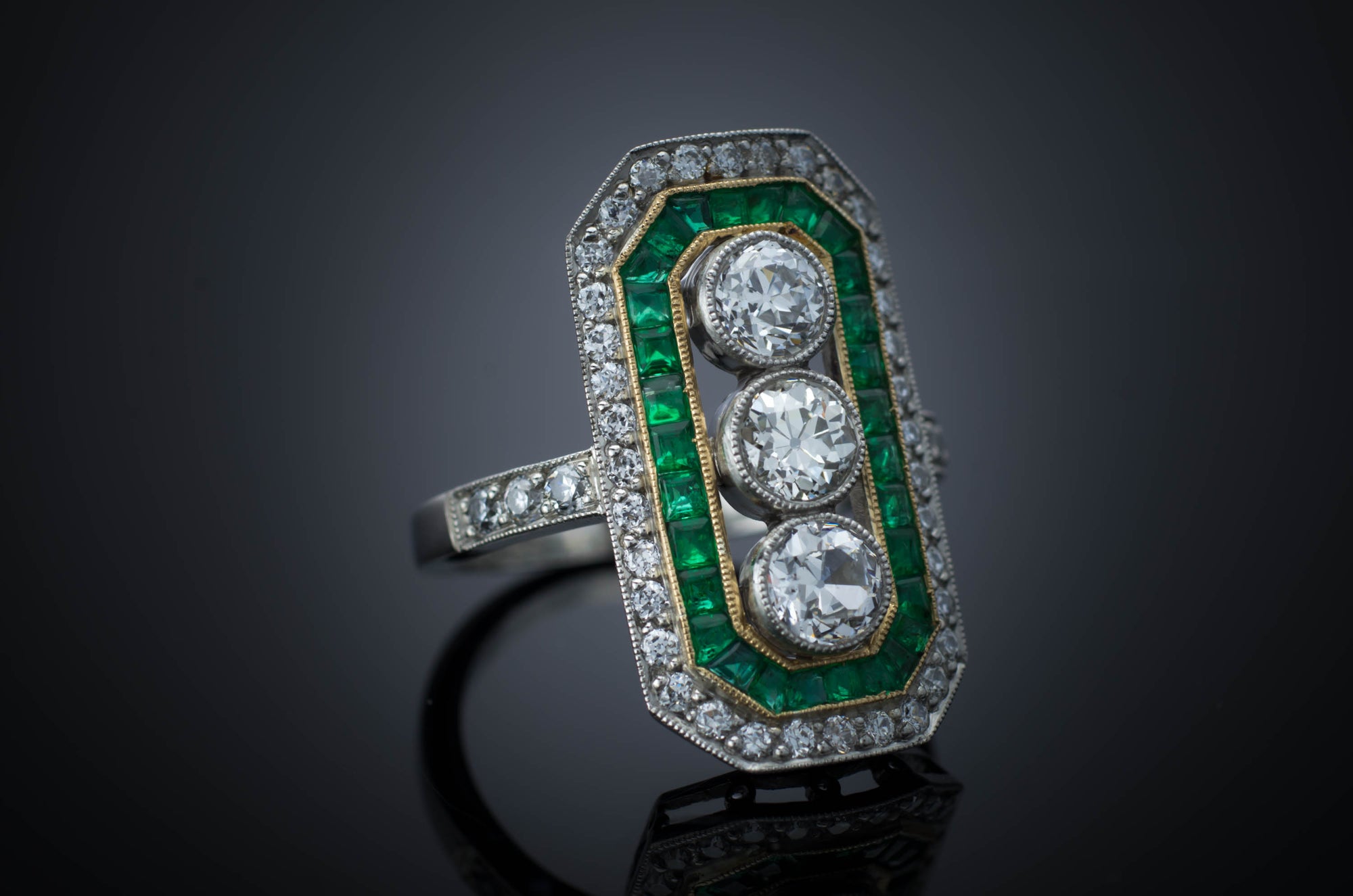 THREE STONE DIAMOND AND EMERALD RING - SinCityFinds Jewelry