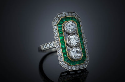 THREE STONE DIAMOND AND EMERALD RING - SinCityFinds Jewelry