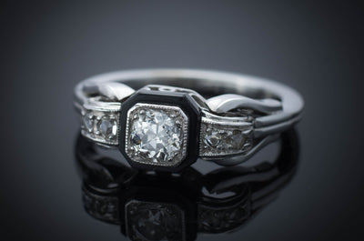 OLD EUROPEAN CUT DIAMOND RING WITH ONIX ACCENT - SinCityFinds Jewelry