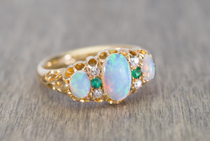 ANTIQUE THREE STONE OPAL, DIAMOND AND EMERALD RING IN YELLOW GOLD - SinCityFinds Jewelry