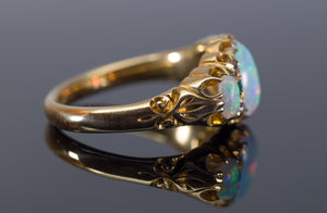 ANTIQUE THREE STONE OPAL, DIAMOND AND EMERALD RING IN YELLOW GOLD - SinCityFinds Jewelry