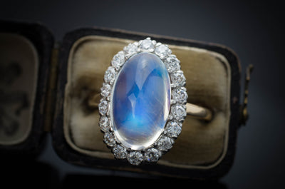 MOONSTONE AND DIAMOND HALO RING - SinCityFinds Jewelry