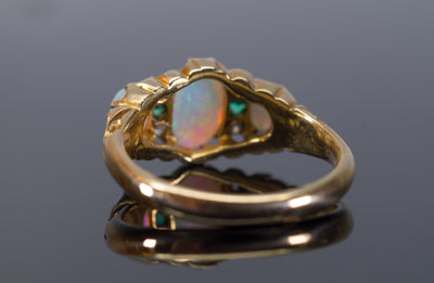 ANTIQUE THREE STONE OPAL, DIAMOND AND EMERALD RING IN YELLOW GOLD - SinCityFinds Jewelry