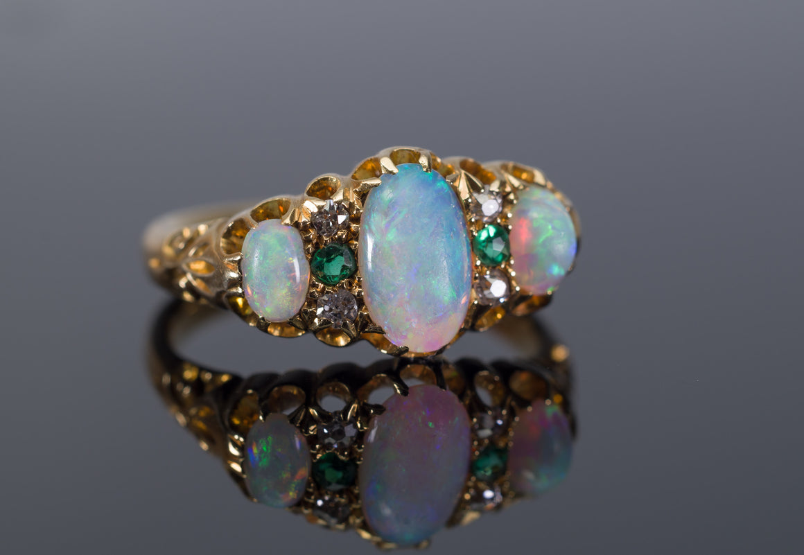 ANTIQUE THREE STONE OPAL, DIAMOND AND EMERALD RING IN YELLOW GOLD - SinCityFinds Jewelry