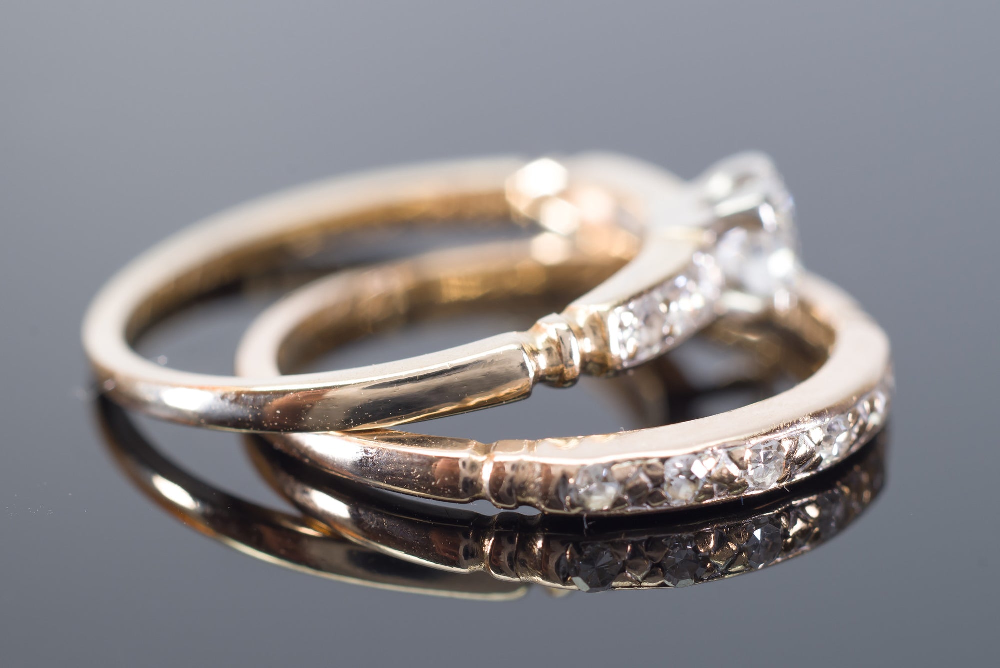 VINTAGE TRAUB ORANGE BLOSSOM TRANSITIONAL CUT DIAMOND WEDDING SET - SinCityFinds Jewelry