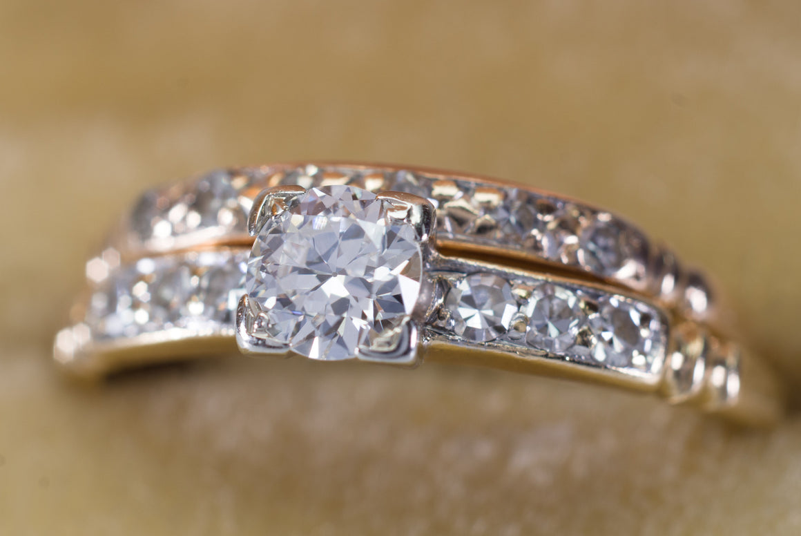 VINTAGE TRAUB ORANGE BLOSSOM TRANSITIONAL CUT DIAMOND WEDDING SET - SinCityFinds Jewelry