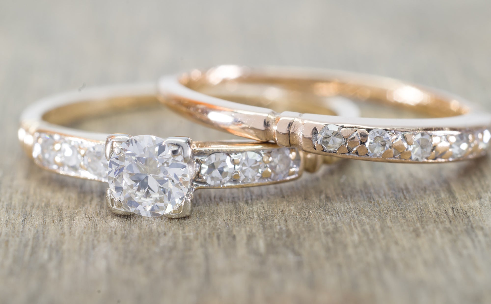 VINTAGE TRAUB ORANGE BLOSSOM TRANSITIONAL CUT DIAMOND WEDDING SET - SinCityFinds Jewelry