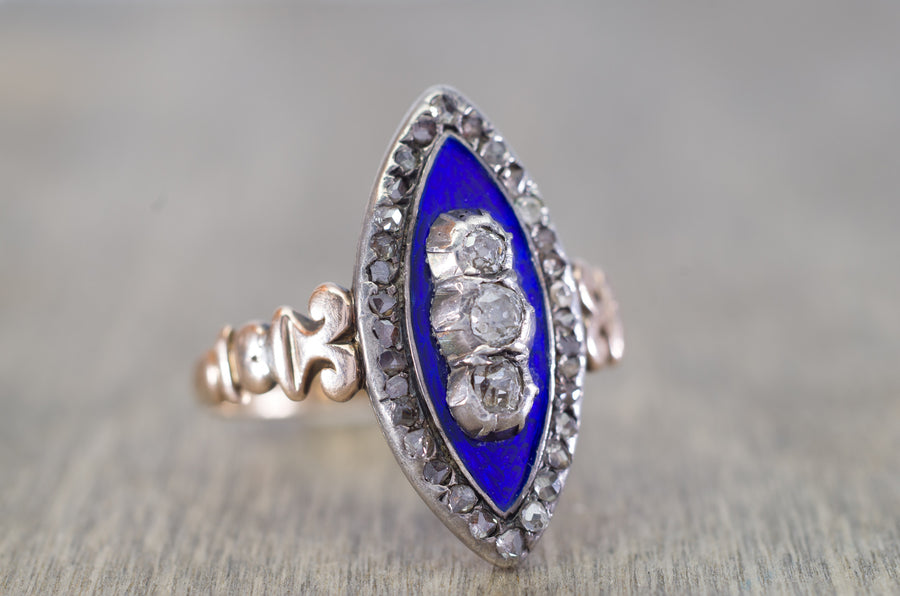 ANTIQUE ENAMEL OLD MINE CUT AND ROSE CUT DIAMOND NAVETTE STYLE RING - SinCityFinds Jewelry
