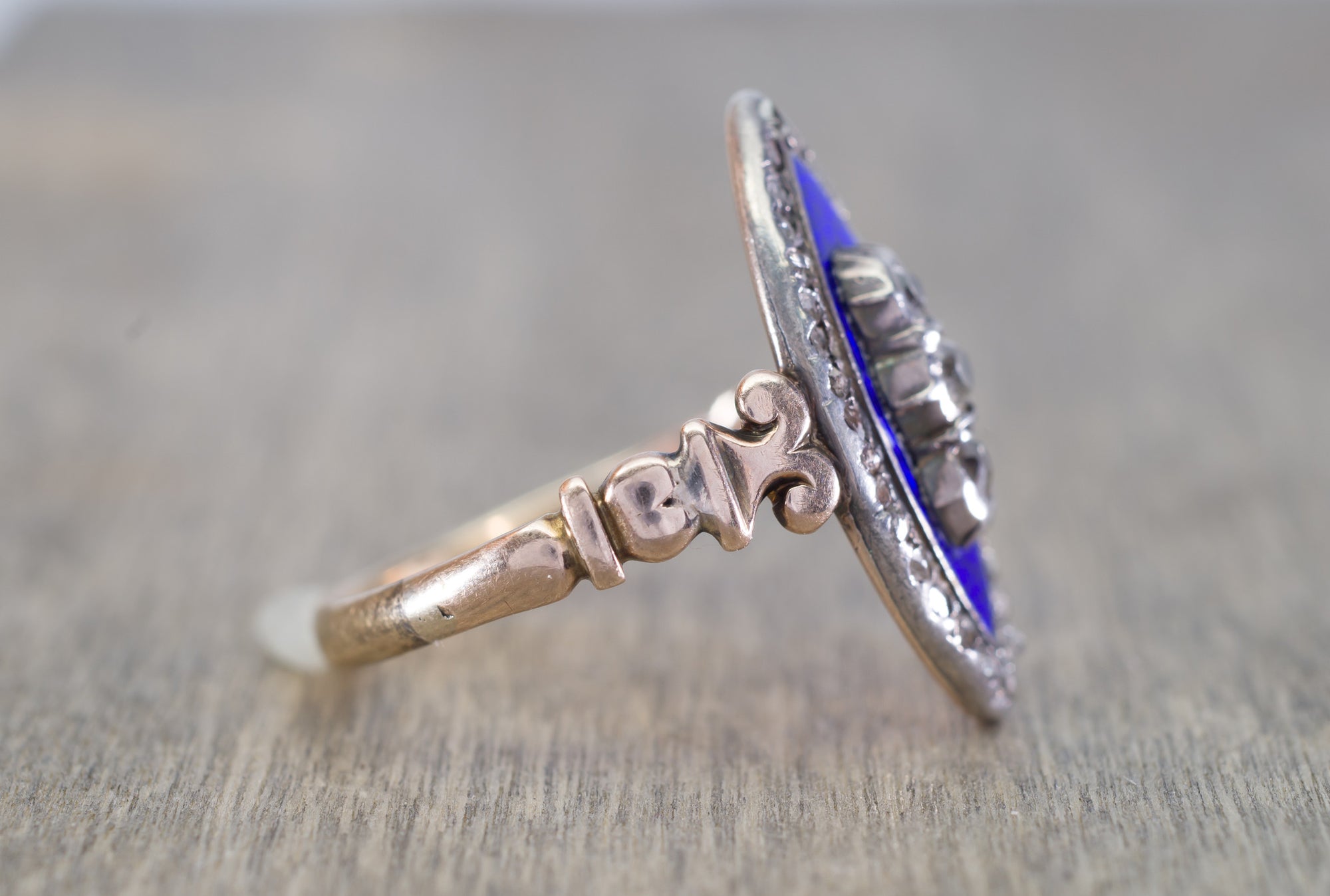 ANTIQUE ENAMEL OLD MINE CUT AND ROSE CUT DIAMOND NAVETTE STYLE RING - SinCityFinds Jewelry