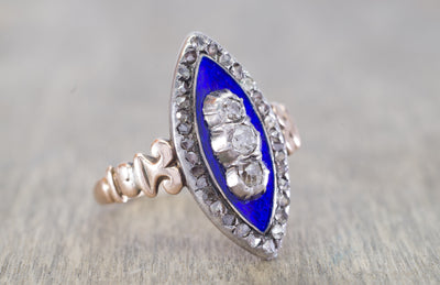 ANTIQUE ENAMEL OLD MINE CUT AND ROSE CUT DIAMOND NAVETTE STYLE RING - SinCityFinds Jewelry
