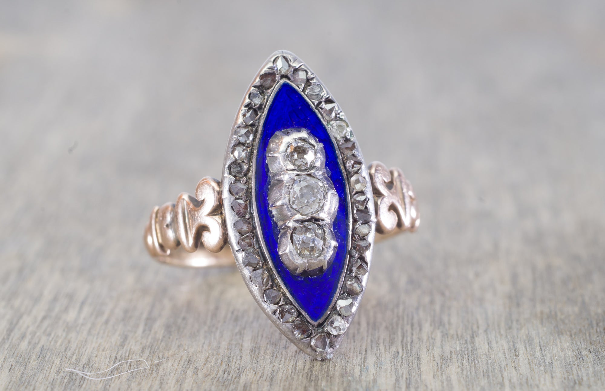 ANTIQUE ENAMEL OLD MINE CUT AND ROSE CUT DIAMOND NAVETTE STYLE RING - SinCityFinds Jewelry