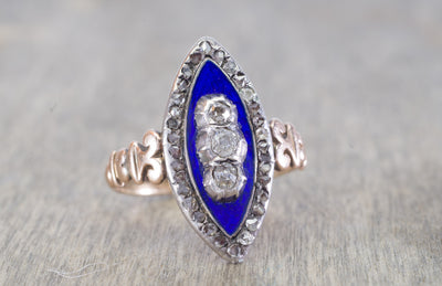 ANTIQUE ENAMEL OLD MINE CUT AND ROSE CUT DIAMOND NAVETTE STYLE RING - SinCityFinds Jewelry