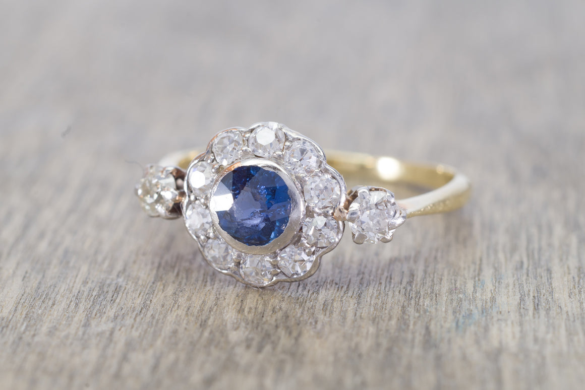 ANTIQUE NATURAL SAPPHIRE AND OLD CUT DIAMOND RING - SinCityFinds Jewelry