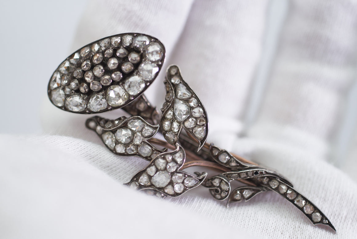 ANTIQUE ROSE CUT DIAMOND FLOWER MOTIF BROOCH - SinCityFinds Jewelry