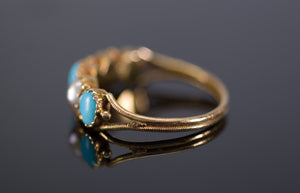 ANTIQUE TURQUOISE AND PEARL 5 STONE BAND IN YELLOW GOLD - SinCityFinds Jewelry