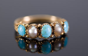 ANTIQUE TURQUOISE AND PEARL 5 STONE BAND IN YELLOW GOLD - SinCityFinds Jewelry