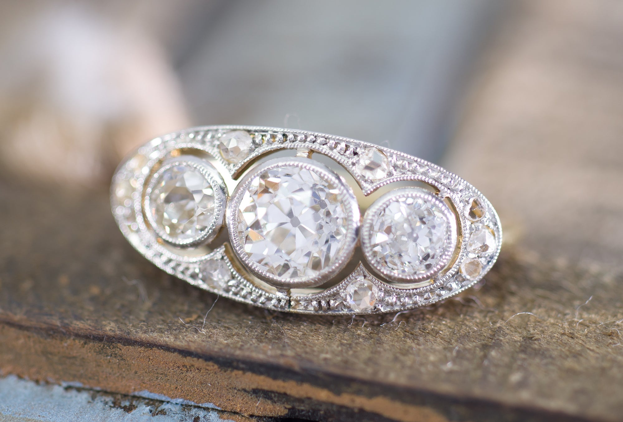 1.69CTW OLD EUROPEAN CUT THREE STONE DIAMOND RING - SinCityFinds Jewelry