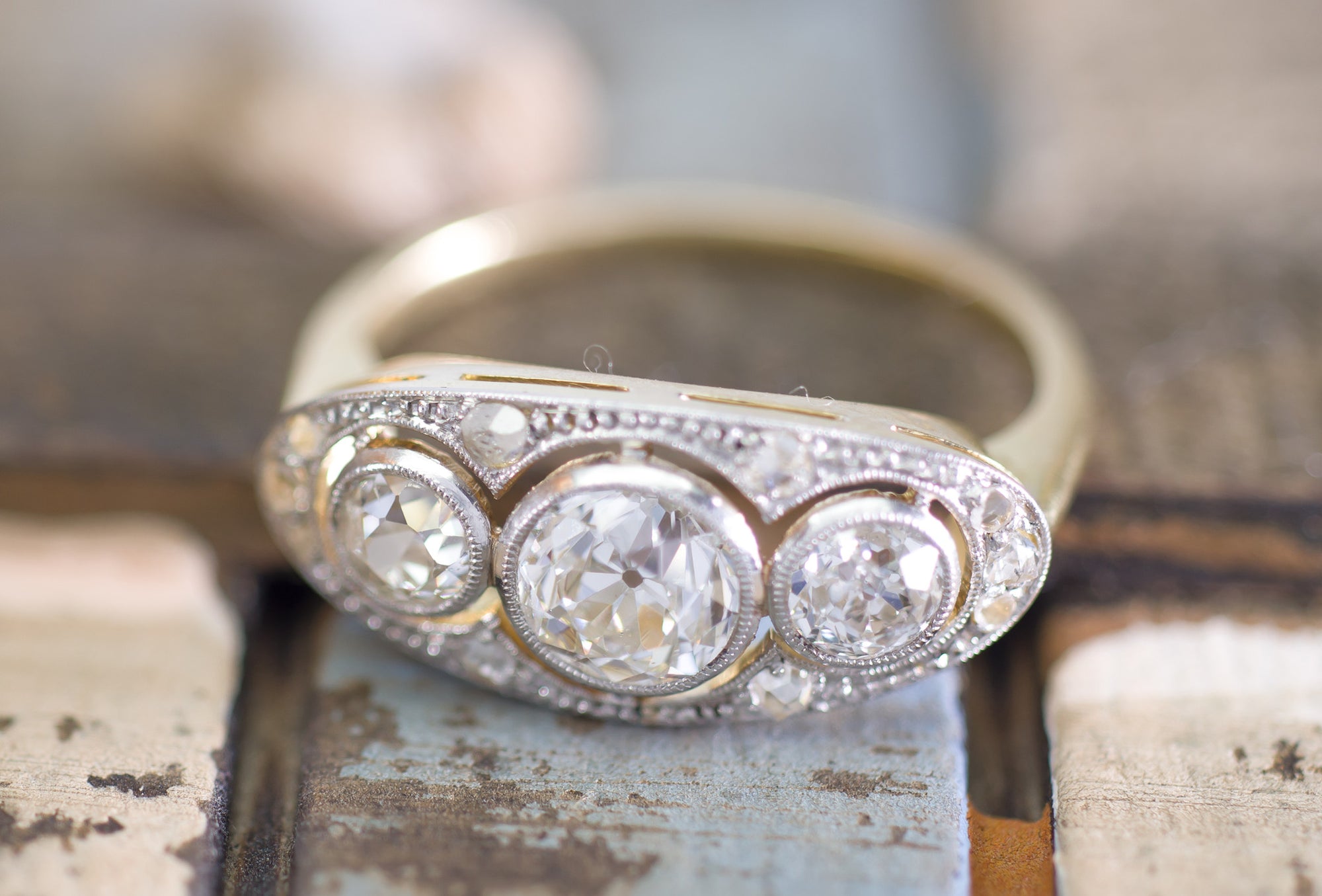 1.69CTW OLD EUROPEAN CUT THREE STONE DIAMOND RING - SinCityFinds Jewelry