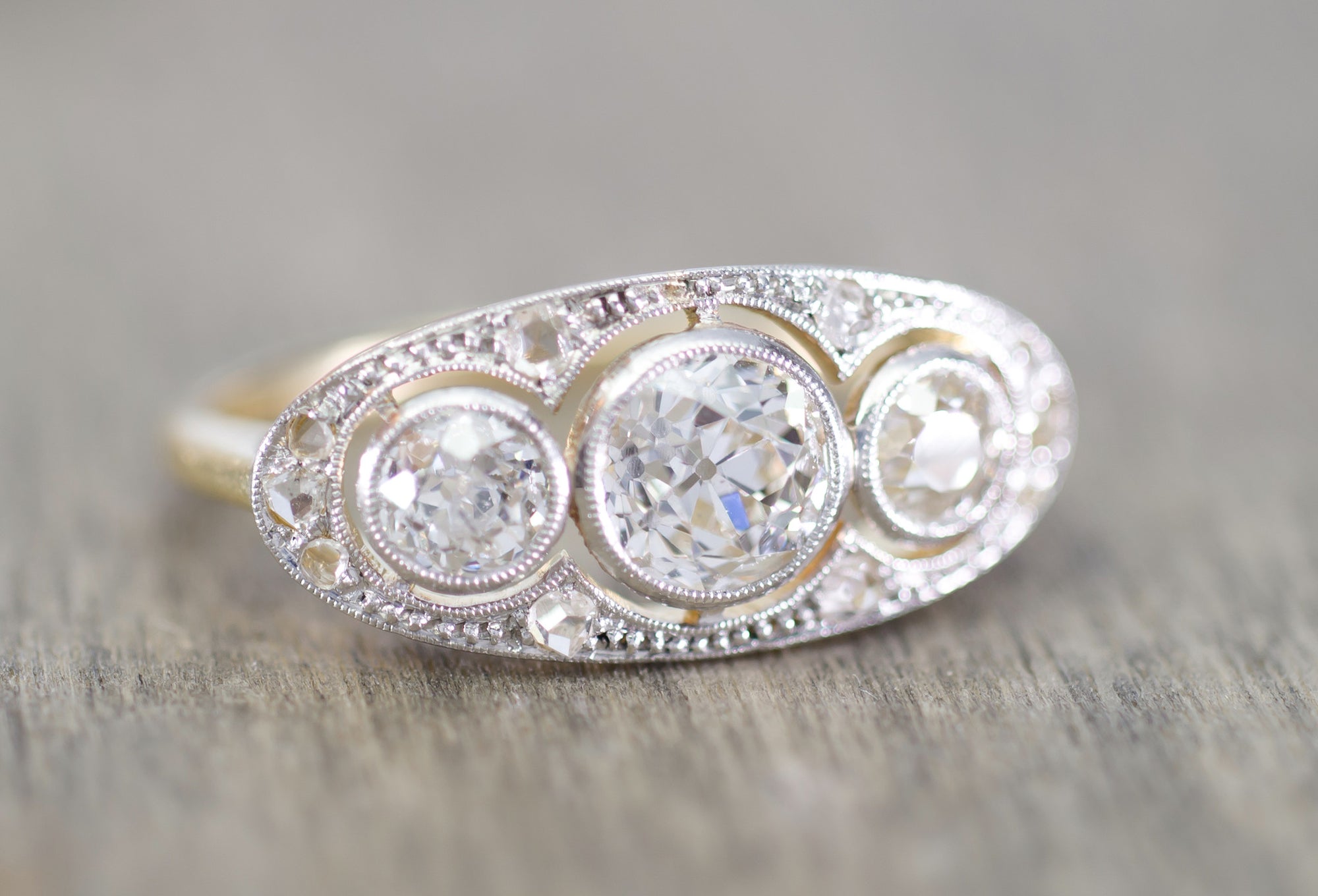 1.69CTW OLD EUROPEAN CUT THREE STONE DIAMOND RING - SinCityFinds Jewelry