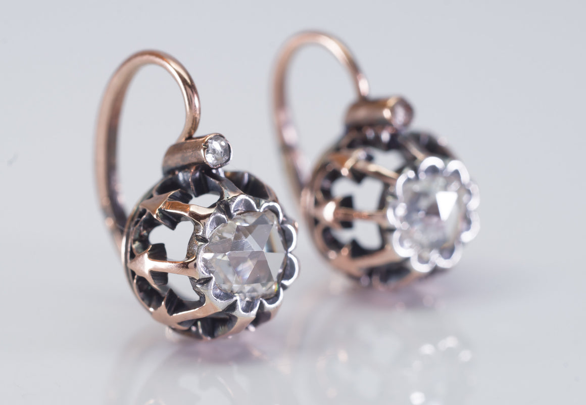 18k ROSE GOLD FRENCH ROSE CUT DORMEUSES  EARRINGS - SinCityFinds Jewelry