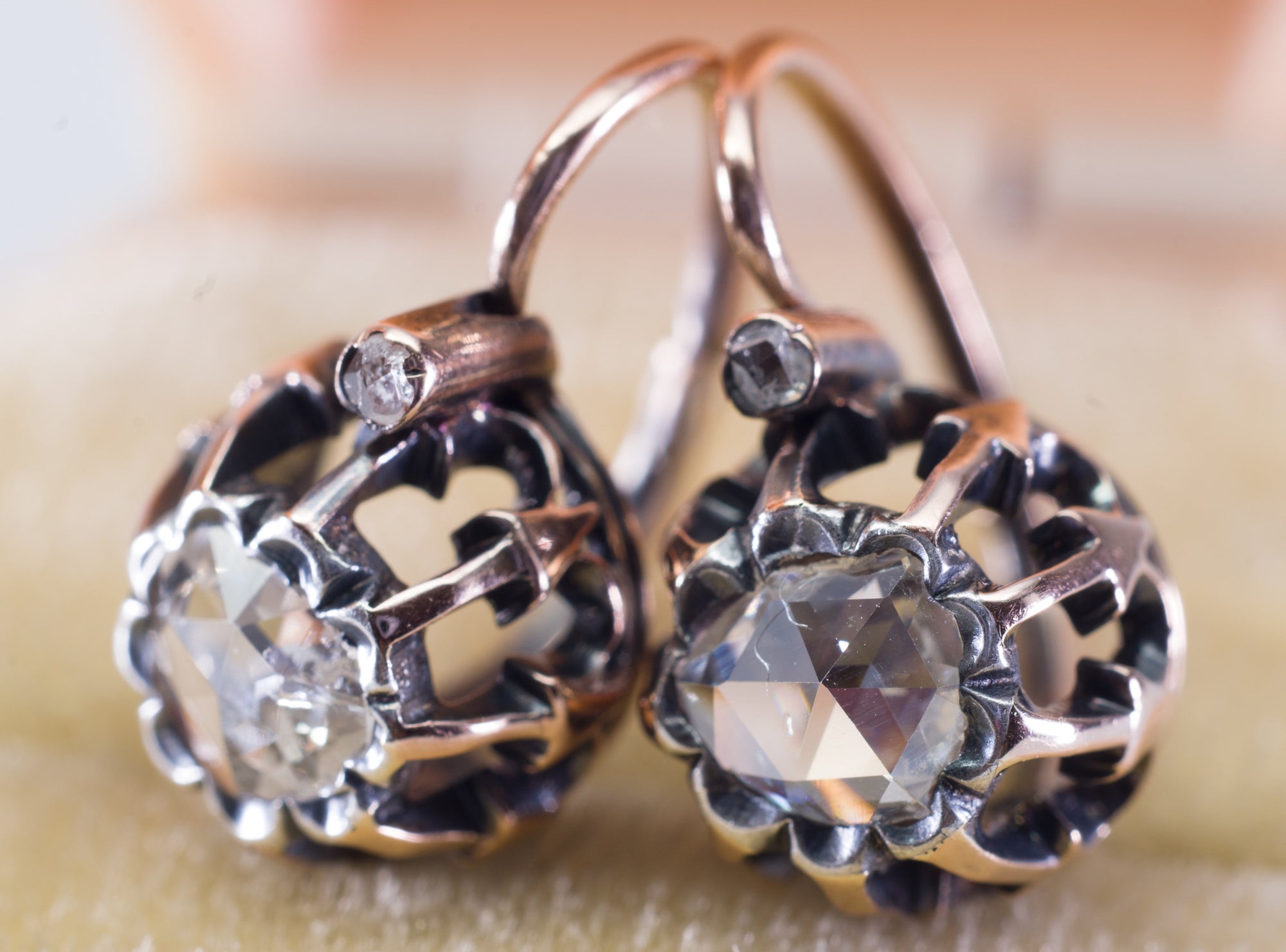 18k ROSE GOLD FRENCH ROSE CUT DORMEUSES  EARRINGS - SinCityFinds Jewelry