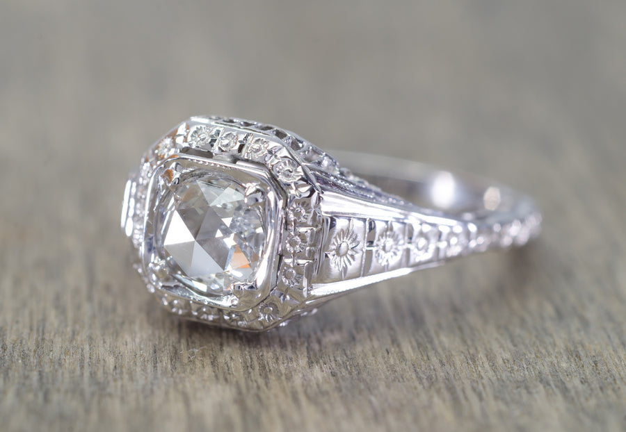 ART DECO SIGNED WHITE ROSE SOLITAIRE WITH ROSE CUT DIAMOND CENTER - SinCityFinds Jewelry
