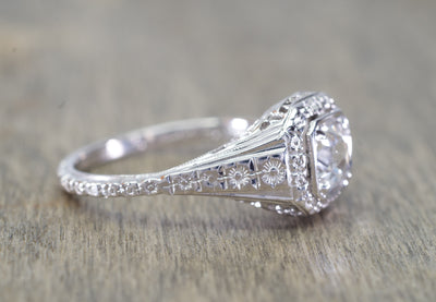 ART DECO SIGNED WHITE ROSE SOLITAIRE WITH ROSE CUT DIAMOND CENTER - SinCityFinds Jewelry