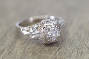 0.36CT OLD EUROPEAN CUT DIAMOND SOLITAIRE IN ART DECO VINTAGE SETTING - SinCityFinds Jewelry