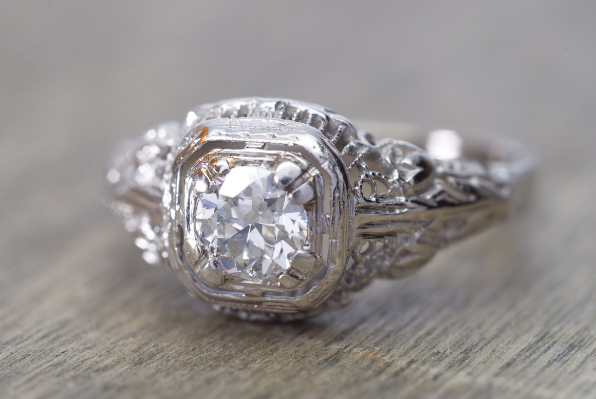 0.36CT OLD EUROPEAN CUT DIAMOND SOLITAIRE IN ART DECO VINTAGE SETTING - SinCityFinds Jewelry