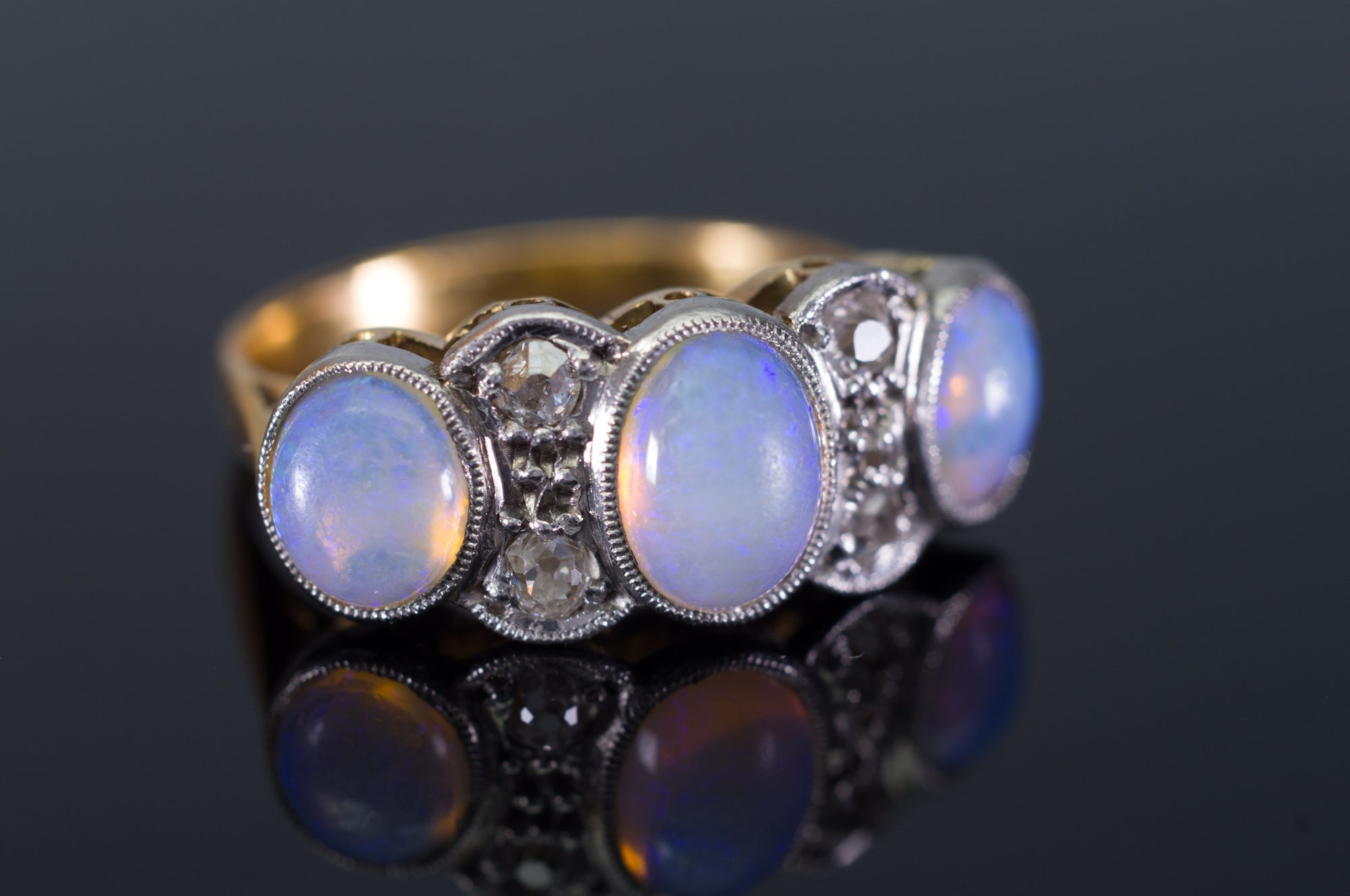 ANTIQUE OPAL AND OLD MINE CUT DIAMOND RING IN GOLD AND PLATINUM - SinCityFinds Jewelry