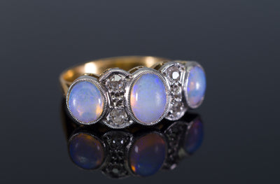 ANTIQUE OPAL AND OLD MINE CUT DIAMOND RING IN GOLD AND PLATINUM - SinCityFinds Jewelry