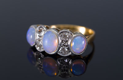 ANTIQUE OPAL AND OLD MINE CUT DIAMOND RING IN GOLD AND PLATINUM - SinCityFinds Jewelry