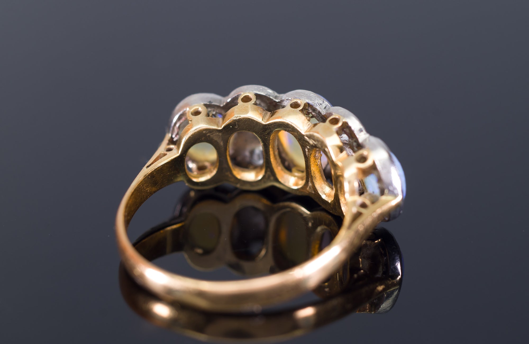 ANTIQUE OPAL AND OLD MINE CUT DIAMOND RING IN GOLD AND PLATINUM - SinCityFinds Jewelry