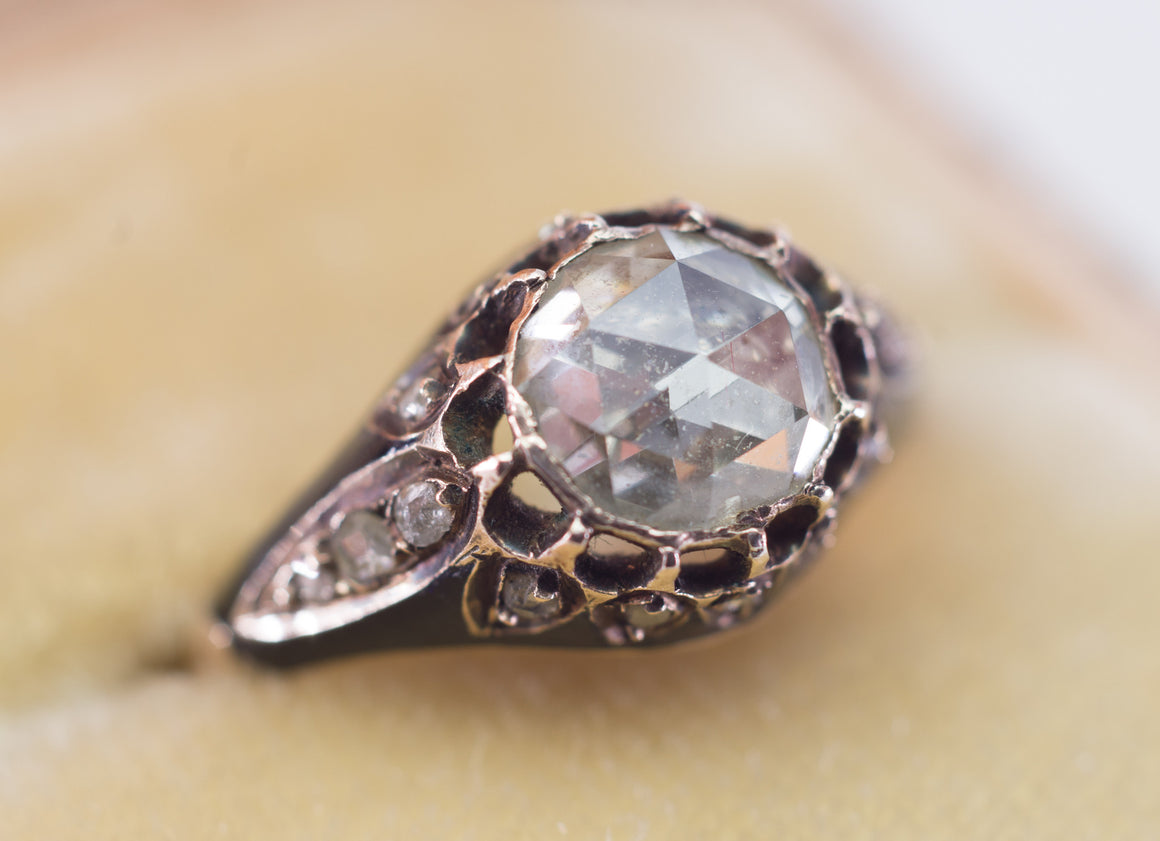 ANTIQUE ROSE CUT DIAMOND IN ENAMELED GOLD SETTING - SinCityFinds Jewelry