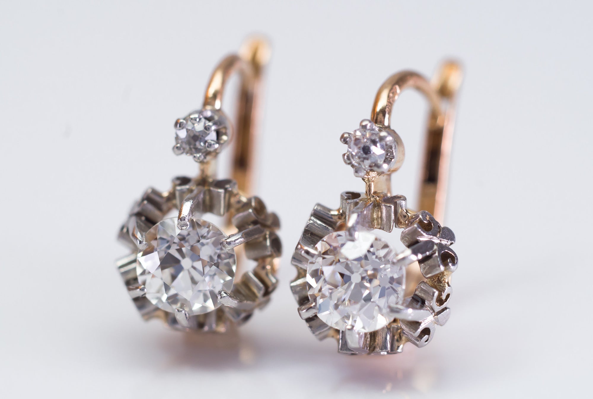 1.45CTW ANTIQUE OLD CUT DIAMOND MIXED METAL DORMEUSES FRENCH EARRINGS - SinCityFinds Jewelry