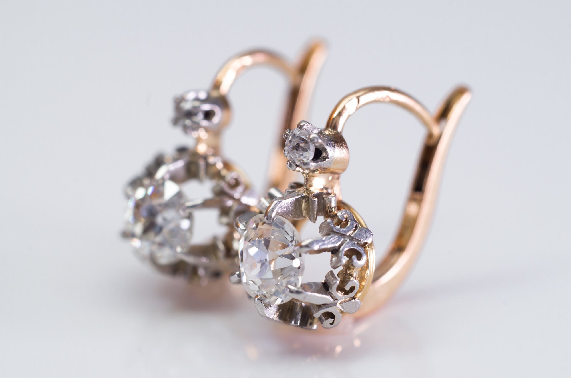 1.45CTW ANTIQUE OLD CUT DIAMOND MIXED METAL DORMEUSES FRENCH EARRINGS - SinCityFinds Jewelry