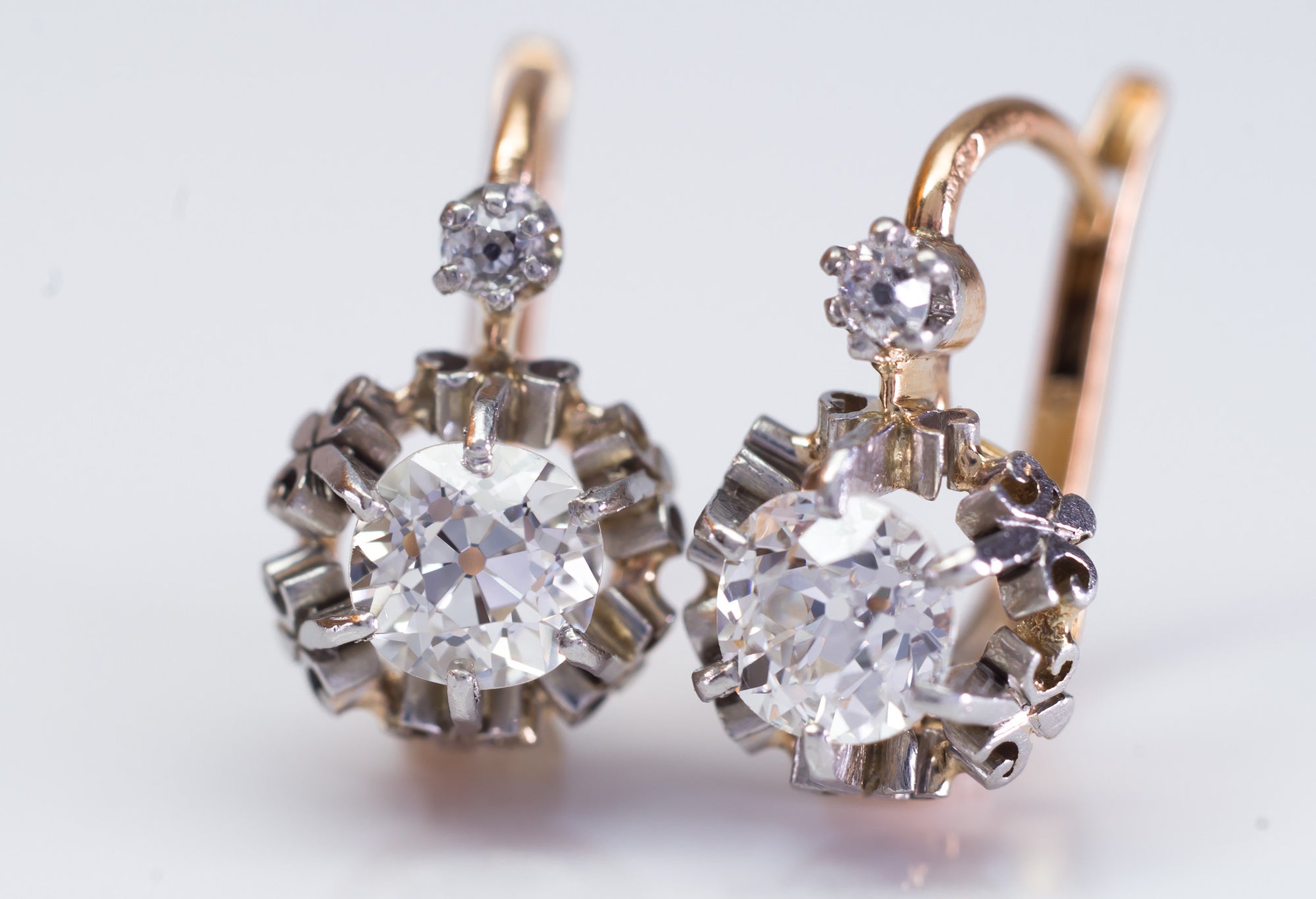 1.45CTW ANTIQUE OLD CUT DIAMOND MIXED METAL DORMEUSES FRENCH EARRINGS - SinCityFinds Jewelry