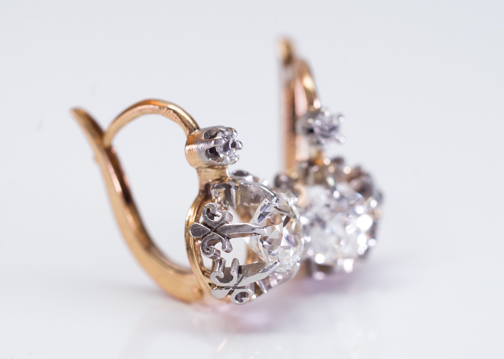 1.45CTW ANTIQUE OLD CUT DIAMOND MIXED METAL DORMEUSES FRENCH EARRINGS - SinCityFinds Jewelry